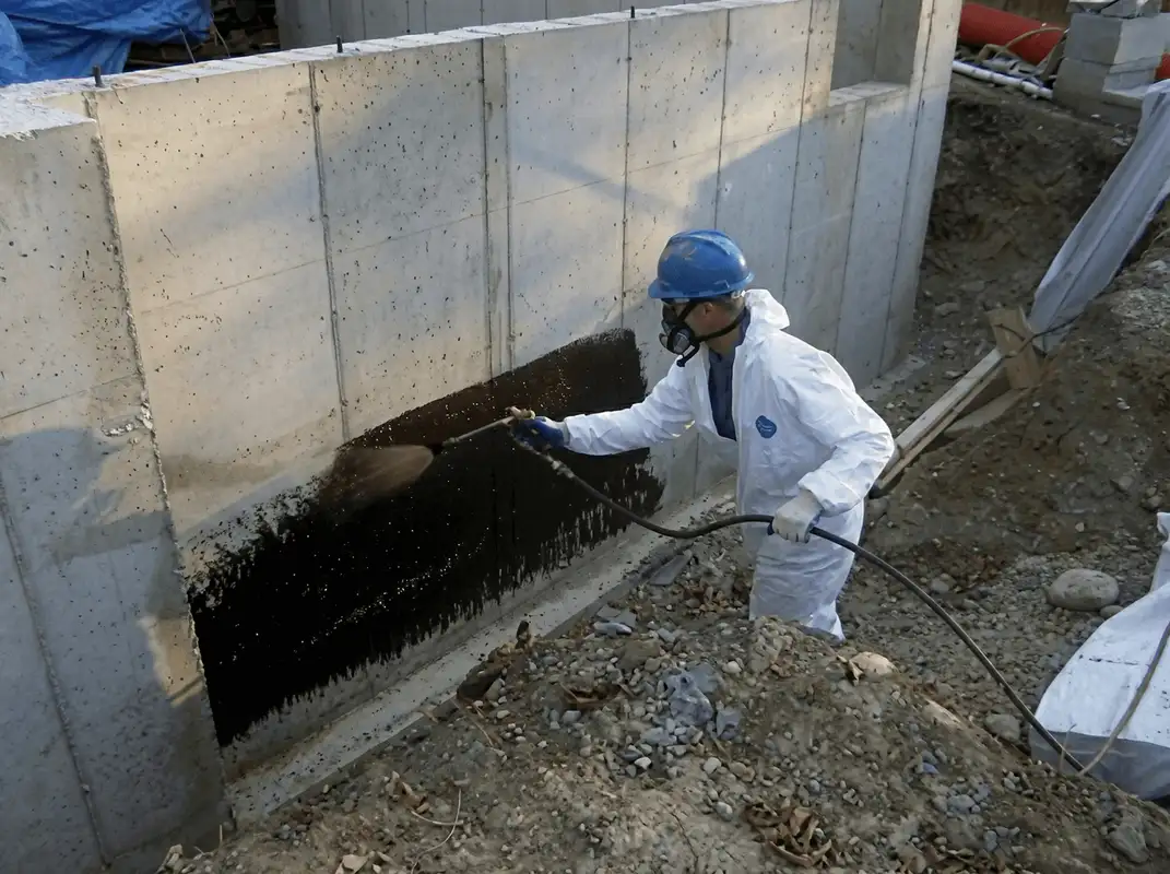 Professional waterproofing the exterior walls of the basement in Anaheim, CA