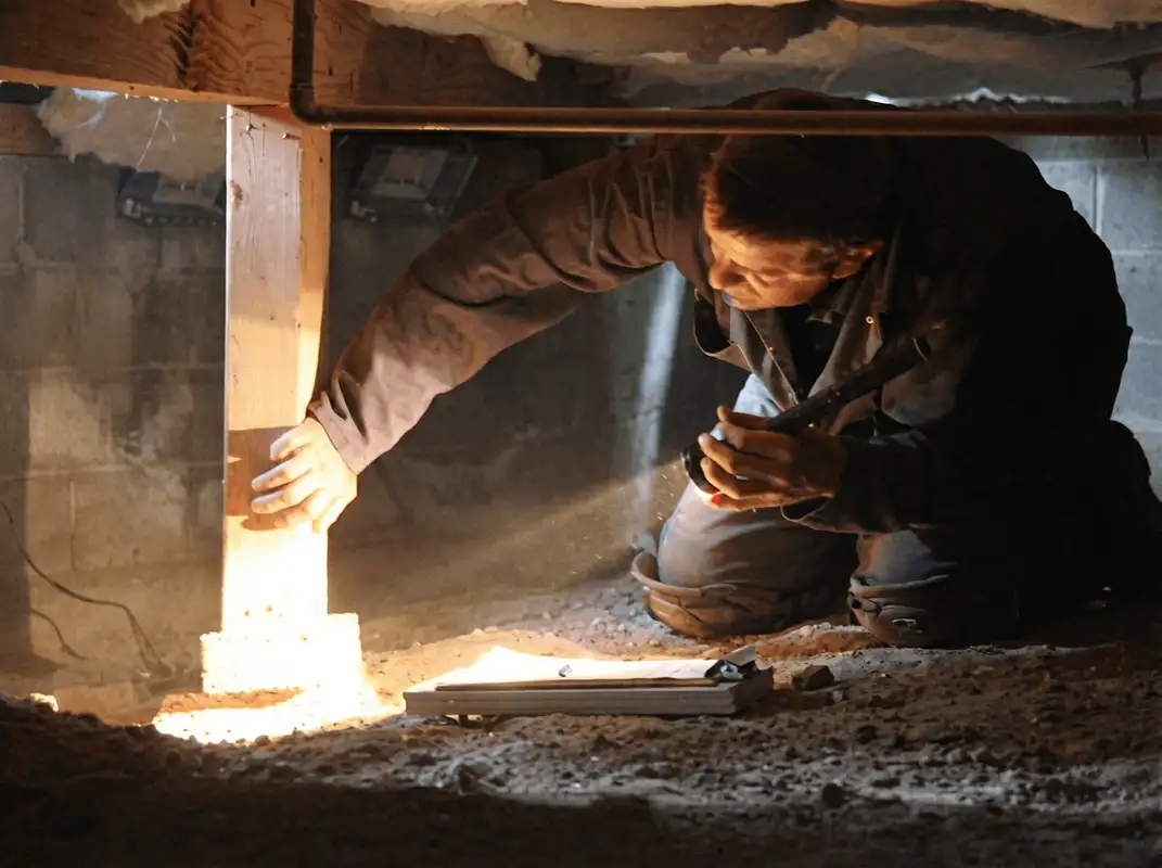 A professional inspecting wooden beams under the floor of a structure in Anaheim, CA